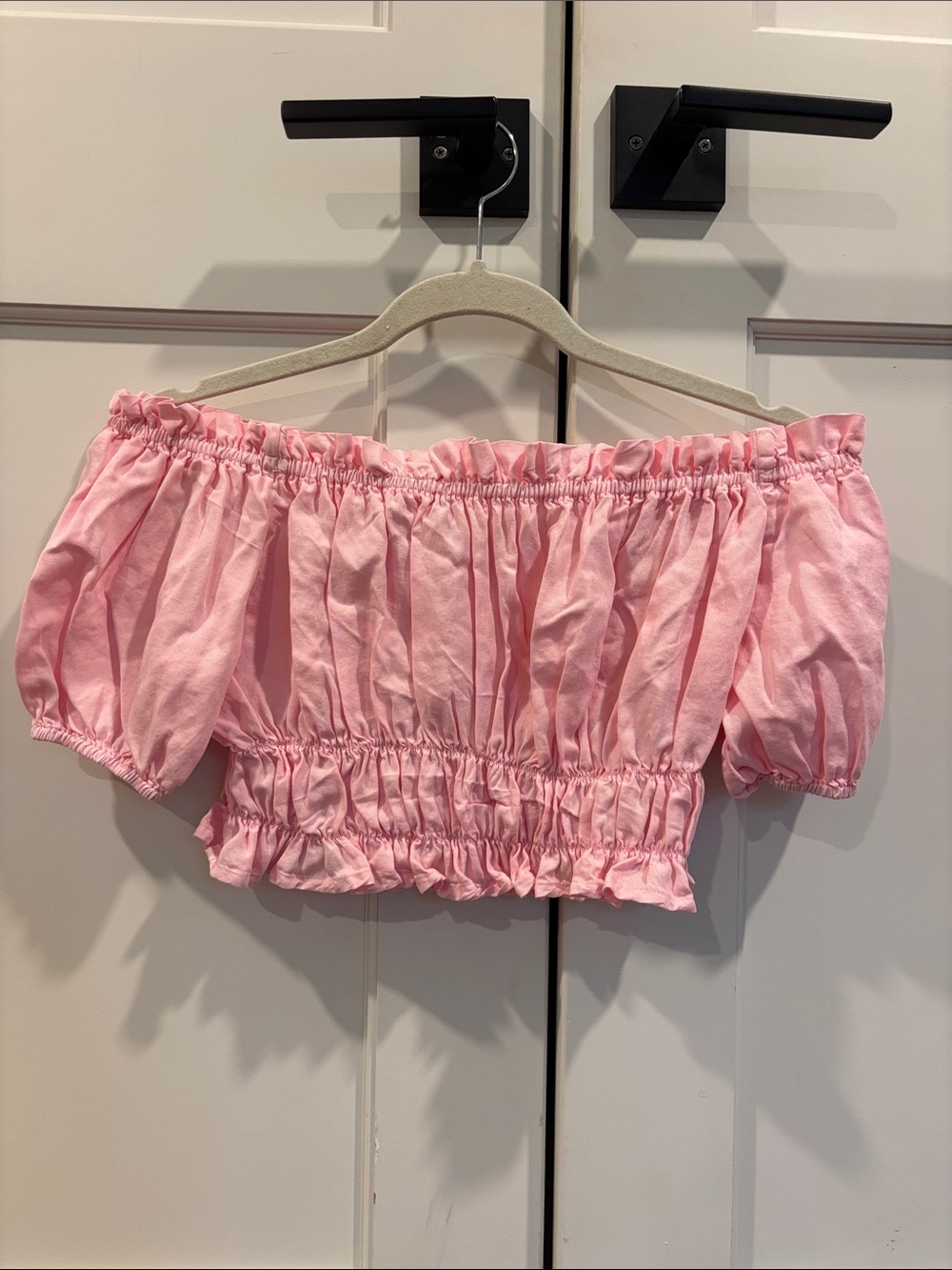 Love Tree Light Pink Ruffled Off-Shoulder Crop Top